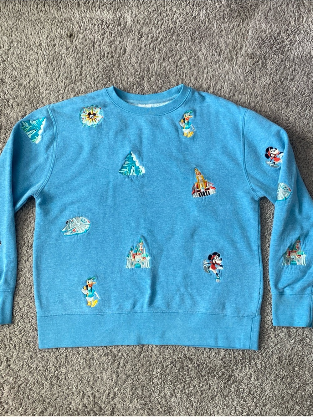 Disney Parks Blue Crewneck Sweatshirt with Embroidered Icons Characters size M